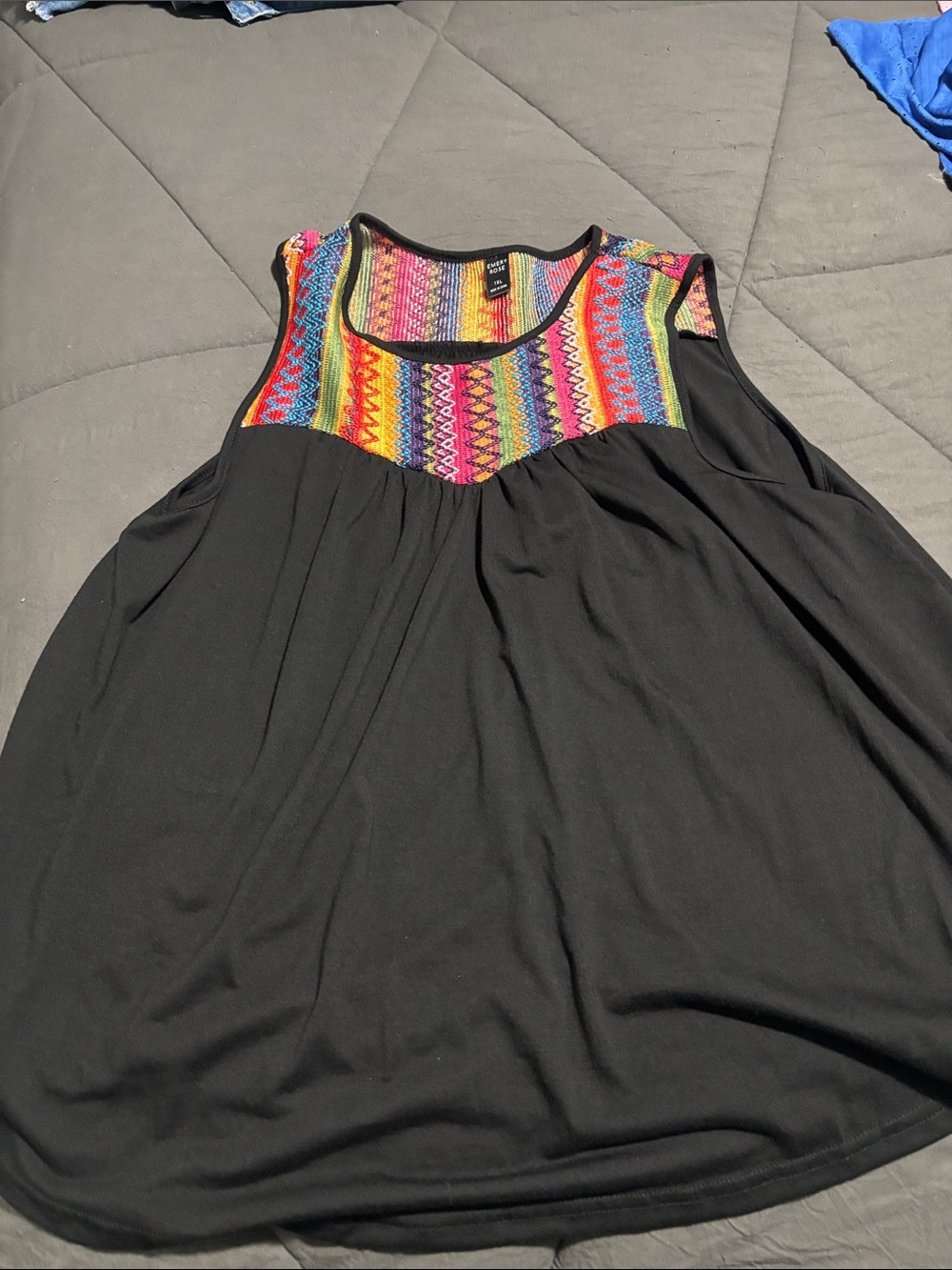 Black Tank Top with  Multicolor Embroidered Yoke
